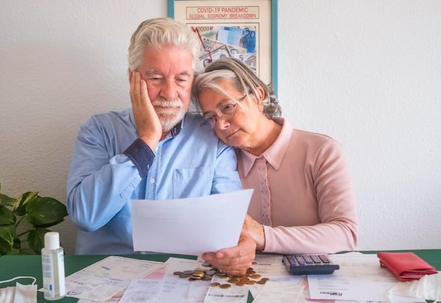 An elderly couple reviewing their monthly budget with concerned expressions, highlighting the financial challenges faced due to inflation and potential changes in Social Security COLA.