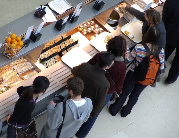 A wide shot of a busy food bank, showing shelves that are sparsely stocked. Volunteers are working but the overall impression is one of limited resources and high demand. The lighting is practical, highlighting the activity while subtly indicating scarcity.