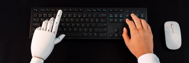 A close-up image of a hand typing on a keyboard, symbolizing the technology sector, with a blurred background of office cubicles. The image should convey the idea of potential job losses in the tech industry.
