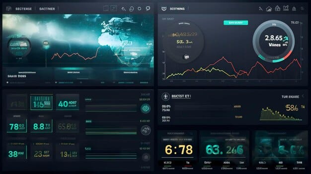 A digital display showing stock charts and economic data, with a holographic overlay displaying the words 