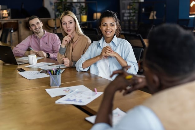 A diverse group of people sitting around a conference table, discussing financial documents and investment strategies. The atmosphere is professional and collaborative, emphasizing teamwork and financial literacy.