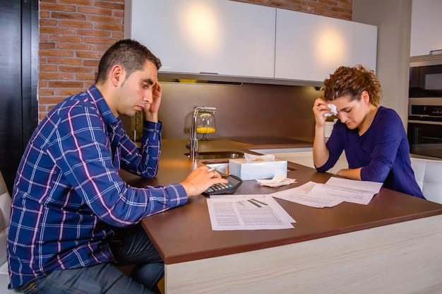 A potential homebuyer looking stressed while reviewing mortgage documents with a loan officer. The setting is a modern bank interior.
