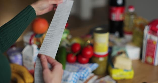 Close-up of a grocery store receipt showing prices for common food items significantly higher than usual, with a person looking at it with concern.