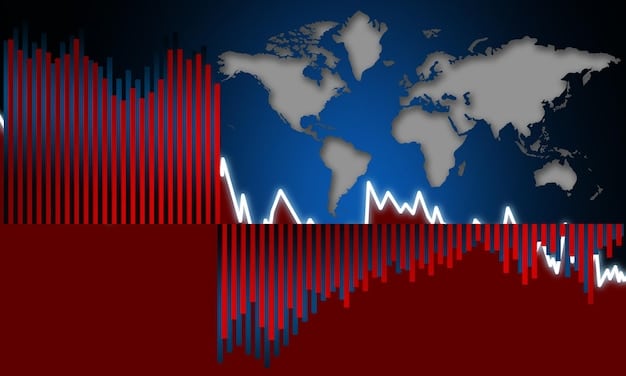 A graph showing a sharp decline in the stock market index, with red arrows pointing downwards, illustrating the immediate negative reaction of the market to the announcement of the Federal Reserve's emergency meeting.
