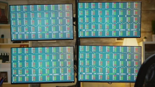 A close-up of a trading floor with multiple screens displaying fluctuating stock prices, capturing the intense activity and uncertainty among traders in response to the Federal Reserve announcement.