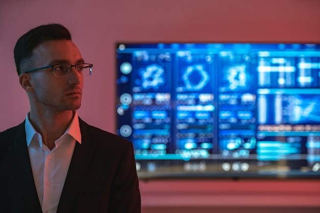 A cybersecurity expert analyzing a network security dashboard with various threat indicators and alerts. The scene emphasizes vigilance and real-time monitoring.