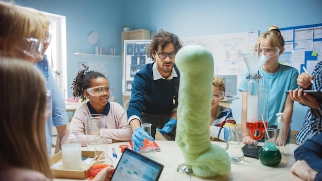 A close-up shot of a diverse group of students collaborating on a science experiment in a modern laboratory, highlighting innovation and teamwork in STEM fields.