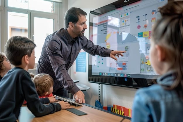 A teacher using an AI-powered dashboard to monitor student progress. The dashboard displays data visualizations and insights into each student's learning patterns.