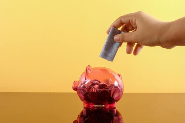 A close-up shot of a hand placing money into a piggy bank. The background is blurred to keep the focus on the act of saving. The image conveys a sense of careful financial planning and investment for the future.