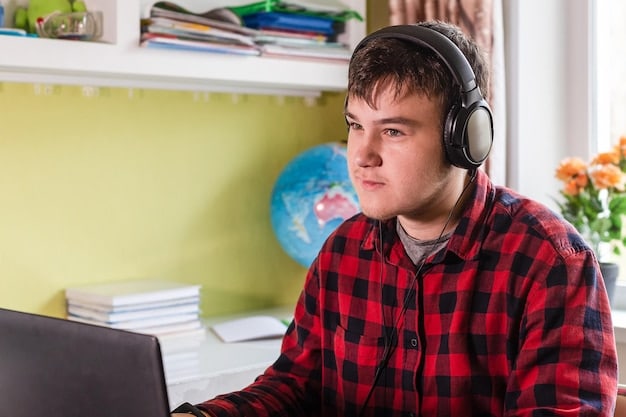 A student in their early twenties wearing headphones, participating in an online class on their laptop in a cozy, well-lit room. The student is actively engaged, taking notes, and looks focused and determined.