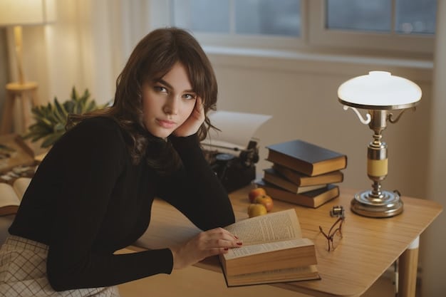 A young woman in her late twenties sitting at a desk, surrounded by books, participating in a virtual online class. She is interacting with the instructor and classmates via video conference, with a positive and collaborative atmosphere.