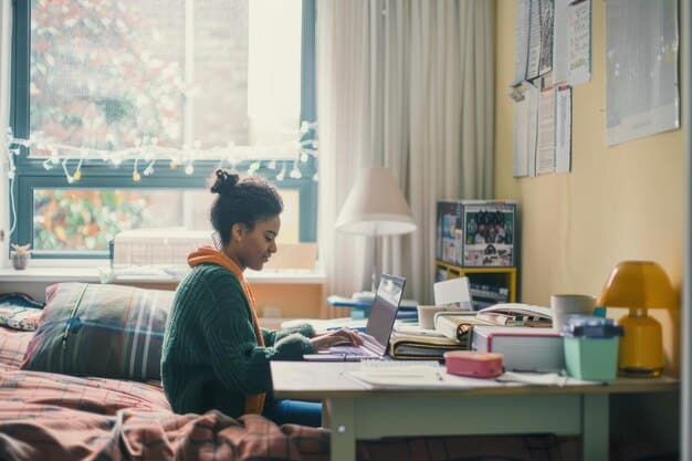 A student sitting at a desk in a dorm room, surrounded by textbooks and notes, with a calendar and a whiteboard displaying a study schedule in the background. The room is well-lit and organized, creating a conducive study environment.
