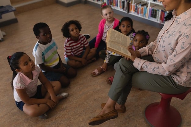 A group of diverse children sitting in a circle during story time at kindergarten, listening attentively to their teacher. The atmosphere is warm and engaging, showcasing social interaction and emotional connection.