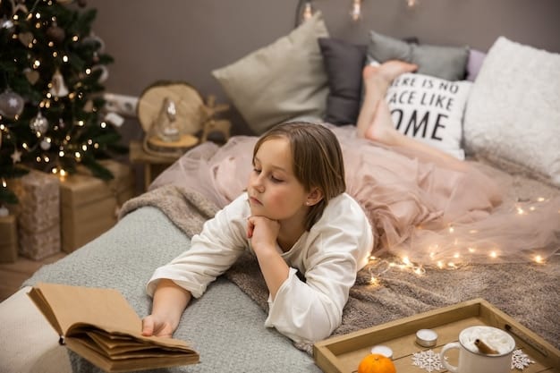 A warm and cozy bedroom scene with a child reading a book in bed before bedtime. The lighting is soft, creating a sense of calm and relaxation as part of a consistent bedtime routine.