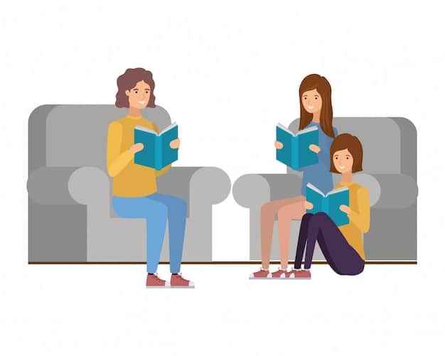 A parent and child sitting side-by-side, both looking at a book. The parent is pointing at the book and asking the child a question, with a thoughtful expression on the child's face.