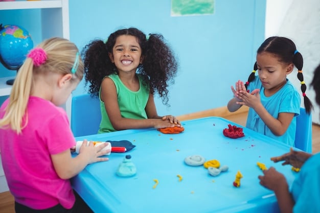 Children in a preschool classroom are engaged in a group activity, sharing toys and collaborating on a project, demonstrating social skills and cooperative play in early childhood education.