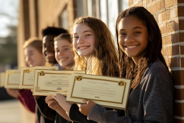 A group of diverse students celebrating after receiving scholarship awards, with beaming smiles and certificates in hand, set against a backdrop of a university campus.