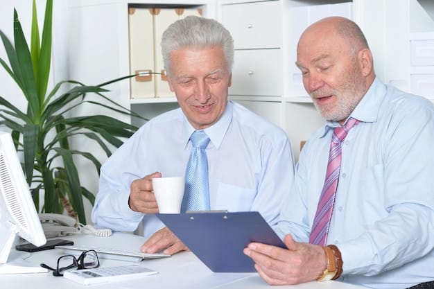A financial advisor sitting at a desk, reviewing documents with a senior client. The scene is set in a modern office, with a computer displaying investment charts in the background. The image reinforces the importance of professional financial guidance.