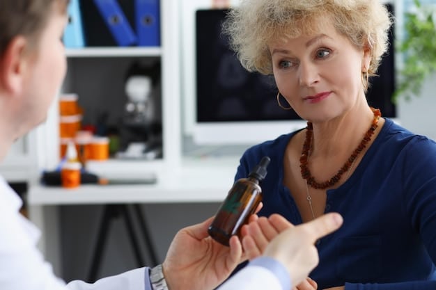 A senior woman talking to a pharmacist about her prescription medication. The pharmacy is well-lit and organized. The image emphasizes the importance of understanding and managing medication costs during retirement.