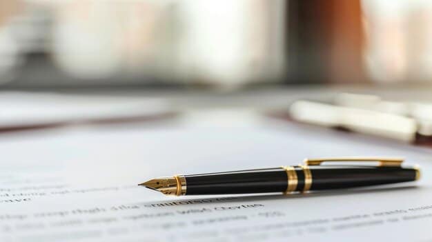 A close-up of a hand signing a legal document with a pen, with the words 