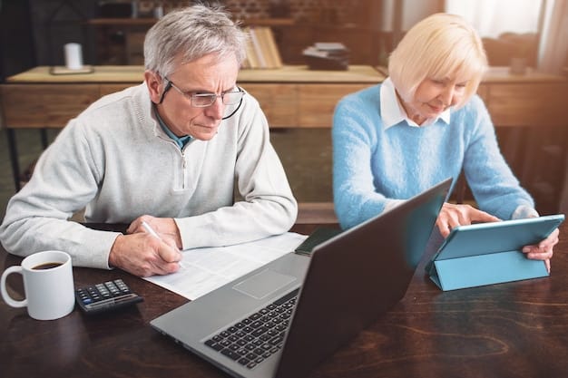 An older couple reviewing their retirement portfolio on a tablet, discussing adjustments needed to account for inflation, with a calculator and financial documents on the table.