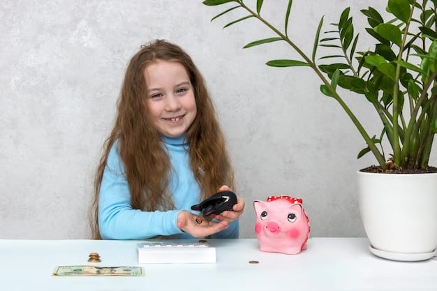 A young girl sitting at a desk, focused on her studies. A piggy bank is visible in the background, symbolizing the importance of saving for future education.