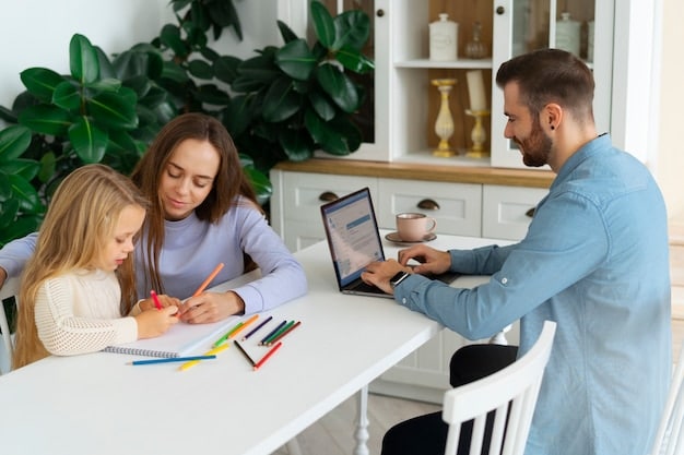 A family sitting together at a table, discussing financial plans and options for their children's education, with a laptop displaying investment charts.