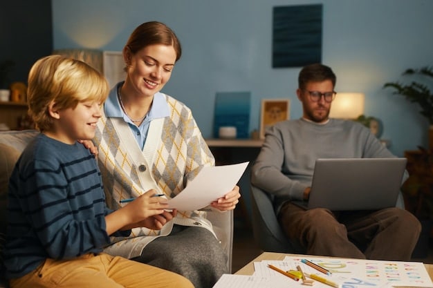 A family sitting around a table, discussing financial planning documents, with a laptop displaying insurance coverage options and a calculator nearby, symbolizing assessing insurance needs.