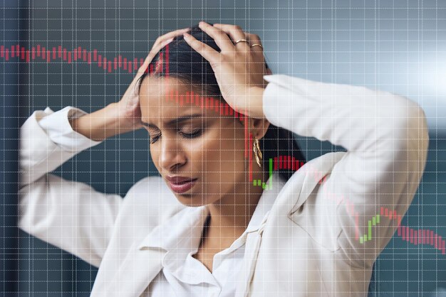 A split-screen image showing a stressed woman on one side and a relaxed woman on the other, with financial charts and graphs transitioning from chaotic to organized in the background.