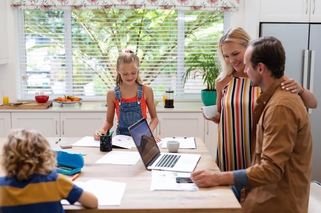 A family, including parents and a child, sitting at a table and discussing financial plans with a financial advisor. The scene is warm and collaborative, focusing on family financial goals.