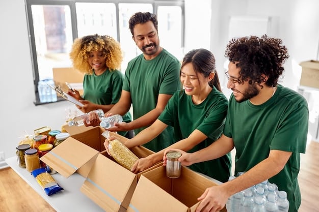 A group of volunteers packing food boxes at a food bank, with a focus on teamwork and community support in a warehouse setting.