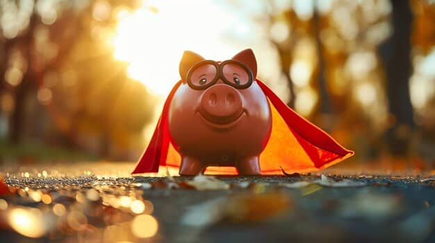 A piggy bank wearing a superhero cape, symbolizing the emergency fund's role in protecting against unexpected financial challenges.