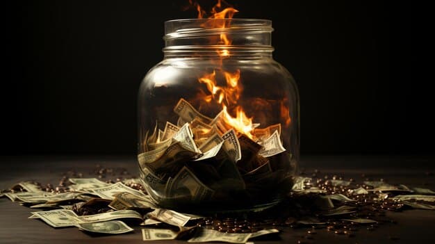 A glass jar filled with cash, labeled 