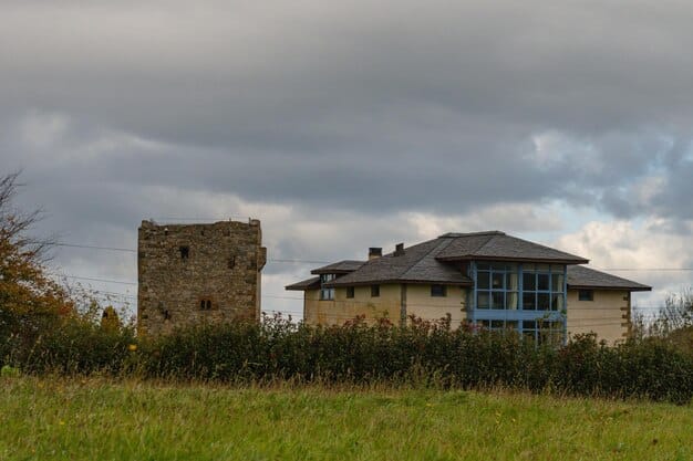 A damaged house after a storm, emphasizing the importance of property insurance. Debris is scattered around, and the sky looks ominous.