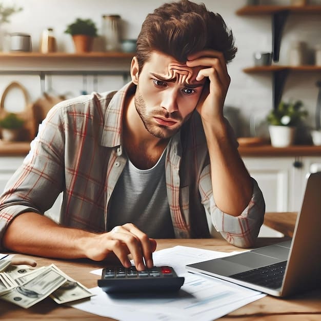 A person looking concerned while holding a credit card, with a calculator and bills in the background, illustrating the stress of managing credit card debt.