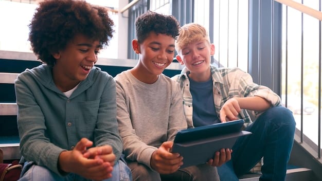 A diverse group of students looking at a tablet showing the application form for the federal student loan forgiveness program. The students should appear hopeful and engaged.