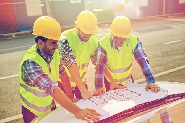 A group of construction workers in hard hats examining blueprints at a construction site of a new bridge, focusing on the collaboration and planning involved in infrastructure projects.