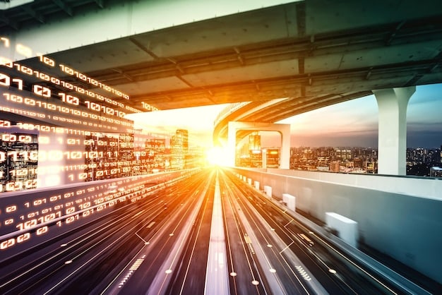 A high-speed train speeding through a modern city landscape, symbolizing the advancement and connectivity facilitated by improved transportation infrastructure.