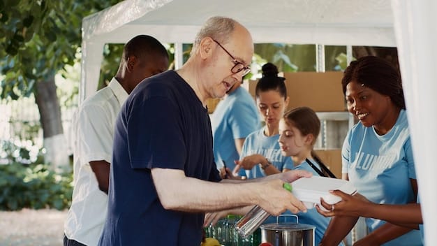 A photo shows volunteers assisting community members at a disaster recovery center, providing guidance and support with the application process for emergency relief funds.