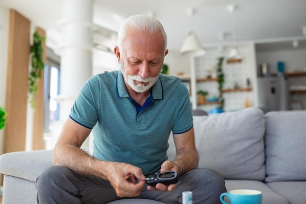 A senior man checking his blood sugar levels with a glucose meter at home, highlighting the significance of manageable insulin costs through Medicare Part D.