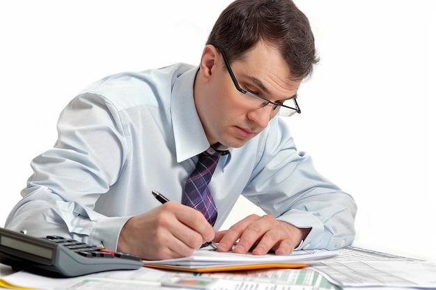 A person is holding a calculator and a pen, with financial documents and reports scattered on the table around them. The focus is on the calculator and pen, suggesting a calculation or analysis process.
