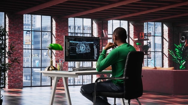 A person working at a computer with lines of code on the screen. The environment is a modern office setup.