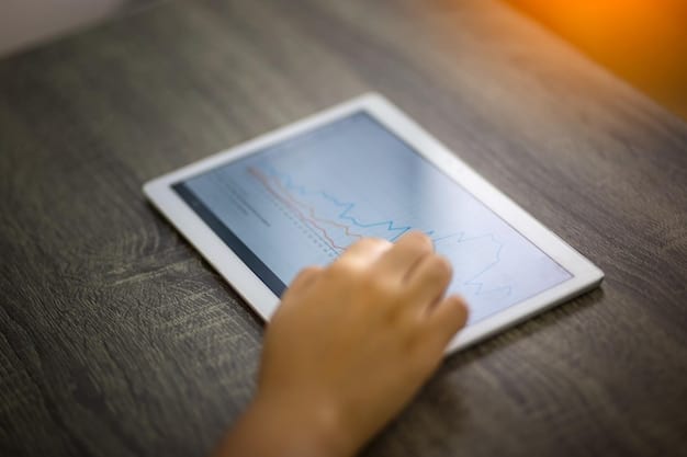 A close-up shot of a hand holding a tablet displaying charts and graphs representing investment growth within a 529 plan. The background hints at a college campus, subtly tying the investment performance to future education expenses.