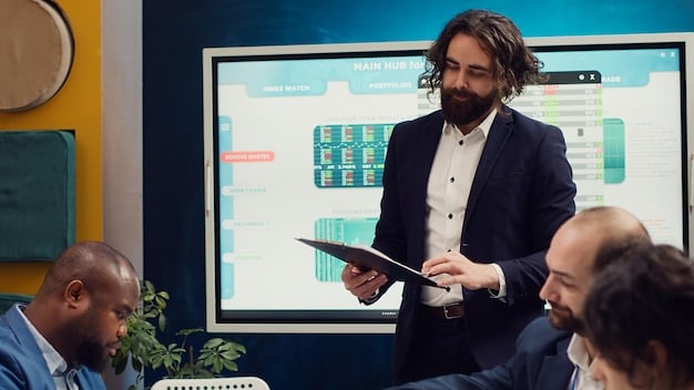 A teacher candidate presenting their teaching portfolio to a panel of educators. The candidate is confidently explaining their instructional strategies, supported by evidence from their portfolio.