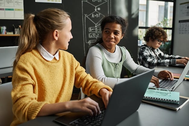 A teacher guiding students through a coding lesson. The students are working individually on laptops, writing and debugging code. The teacher is providing one-on-one support, helping students understand the concepts and troubleshoot issues. The classroom is equipped with modern technology and resources.