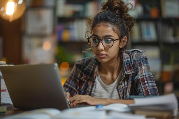 A student diligently working on a laptop, researching scholarship opportunities with a focused expression. The laptop screen displays a scholarship search website, highlighting the importance of online research.
