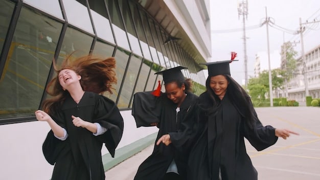 A diverse group of university graduates throwing their hats in the air in front of their university. All graduates should be clearly visible and happy, enjoying their accomplishment.