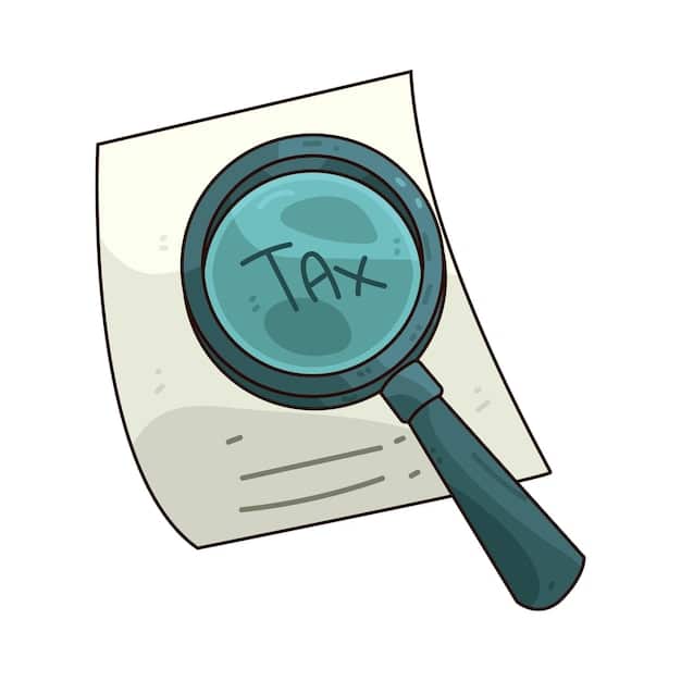 A close-up illustration featuring a magnifying glass over a set of tax forms. The forms are partially visible, revealing headings such as 