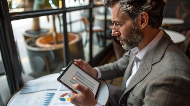 A person looking at a tablet reviewing financial projections and charts, appearing optimistic and confident about investment decisions.
