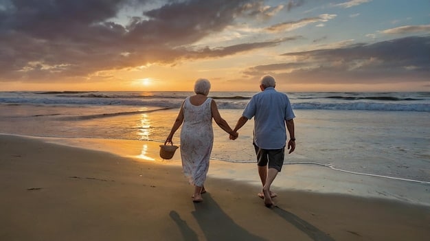 An elderly couple laughing and holding hands while walking along a beach at sunset, symbolizing a happy and financially secure early retirement.